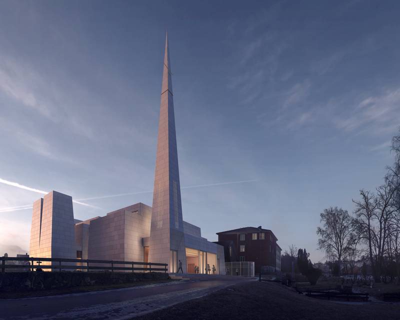 Nye Østre Porsgrunn kirke skal kles i porselen. Den er tegnet av Espen Surnevik AS og Trodahl Arkitekter.
