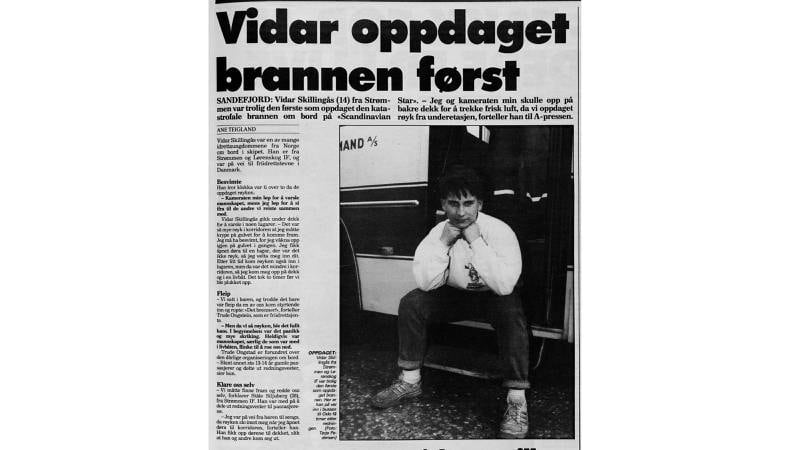Oppslag i Arbeiderbladet, mandag 9. april 1990: Vidar Malvik Skillingsås blir intervjuet av A-pressen om det han opplevde på «Scandinavian Star».
