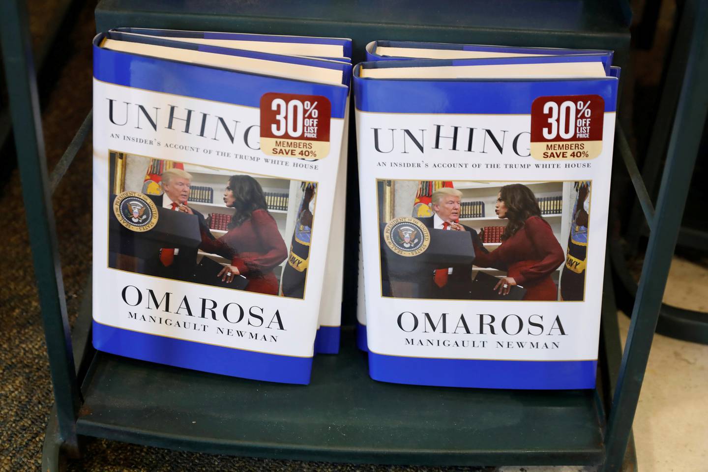The book "Unhinged" by former White House staffer Omarosa Manigault Newman on her time in the White House administration is seen for sale in Manhattan, New York, U.S., August 14, 2018.  REUTERS/Shannon Stapleton   NO RESALES. NO ARCHIVES