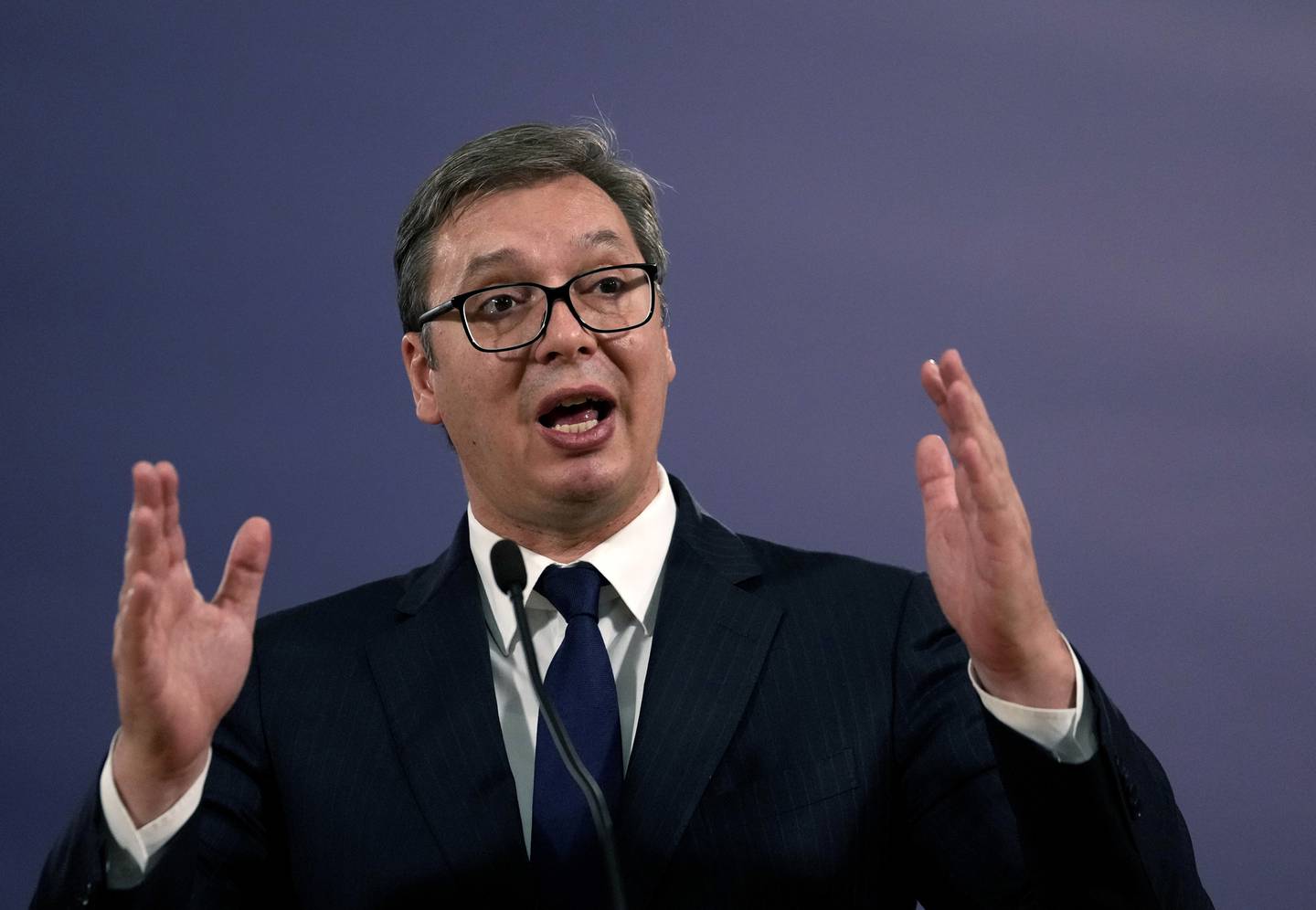 Serbia's President Aleksandar Vucic speaks during a press conference after a meeting with Russian Foreign Minister Sergey Lavrov in Belgrade, Serbia, Sunday, Oct. 10, 2021. Lavrov arrives in Serbia on the occasion of the summit of the Non-Aligned Movement. (AP Photo/Darko Vojinovic)