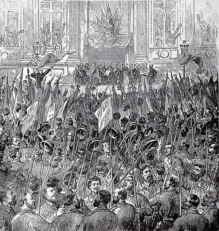 Illustrasjon av at kommunardene feirer opprettelsen av Pariserkommunen i mars 1871.