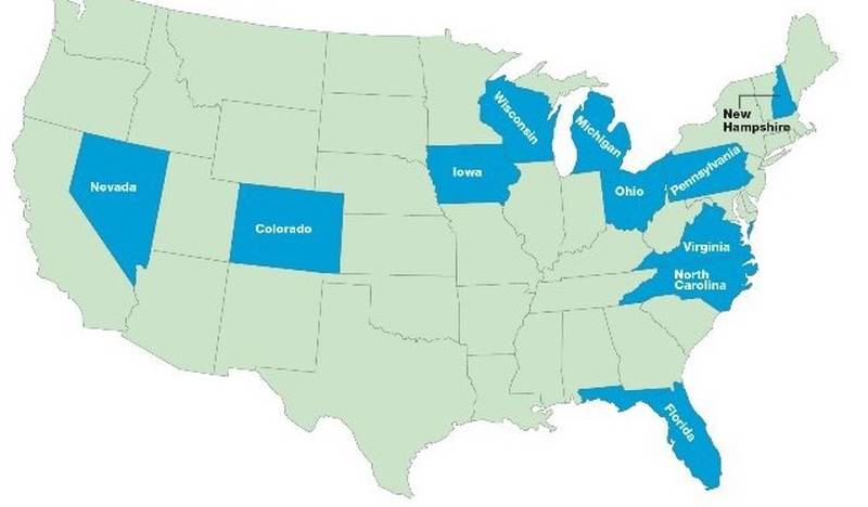 Statene merket med blått blir vippestater under presidentvalget i USA til høsten.