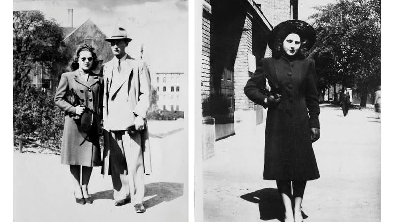 Til venstre: Adéle og mannen Peary. Til høyre: Adéle 20 år: Fotografert på Nybrua i den første kjolen hun sydde.
