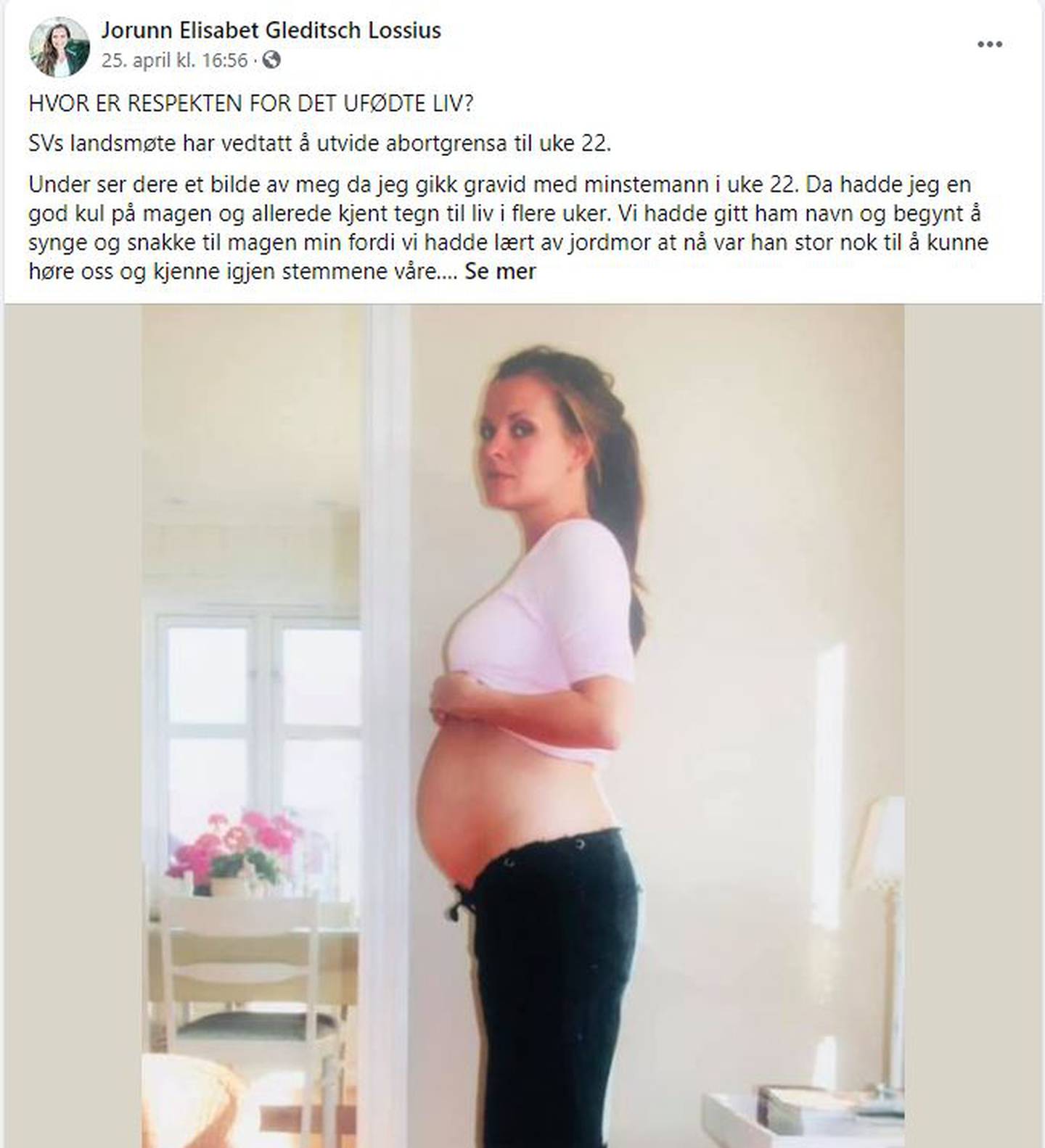 Jorunn Elisabet Gleditsch Lossius publiserte søndag dette innlegget på Facebook fra da hun var gravid med sønnen Edvard.