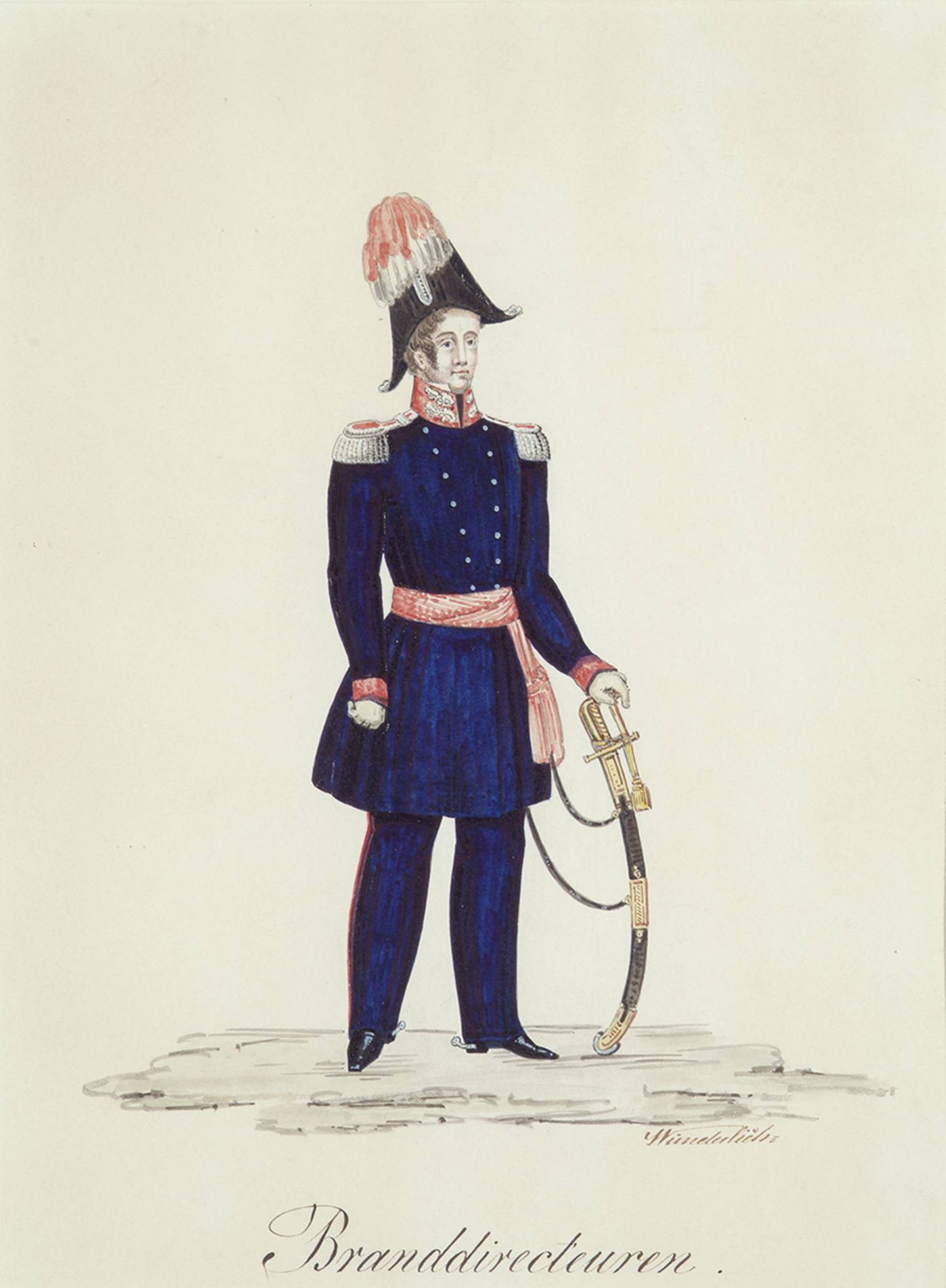 Fram til 1861 var brannvesenet organisert som et frivillig borgerbrannkorps. Utkast til Branndirektørens uniform. Akvarell av Wunderlich.