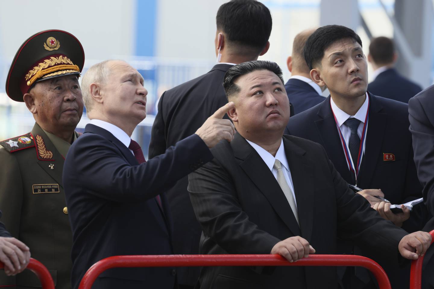 Russian President Vladimir Putin and North Korea's leader Kim Jong Un examine a launch pad during their meeting at the Vostochny cosmodrome outside the city of Tsiolkovsky, about 200 kilometers (125 miles) from the city of Blagoveshchensk in the far eastern Amur region, Russia, on Wednesday, Sept. 13, 2023. (Mikhail Metzel, Sputnik, Kremlin Pool Photo via AP)