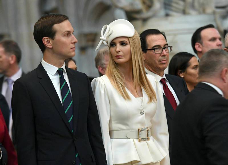 Ivanka Trump and Jared Kushner look on as U.S President Donald Trump places a wreath on the Grave of the Unknown Warrior during a tour of Westminster Abbey in central London, Monday, June 3, 2019. Trump is on a three-day state visit to Britain. (Stefan Rousseau/Pool Photo via AP)