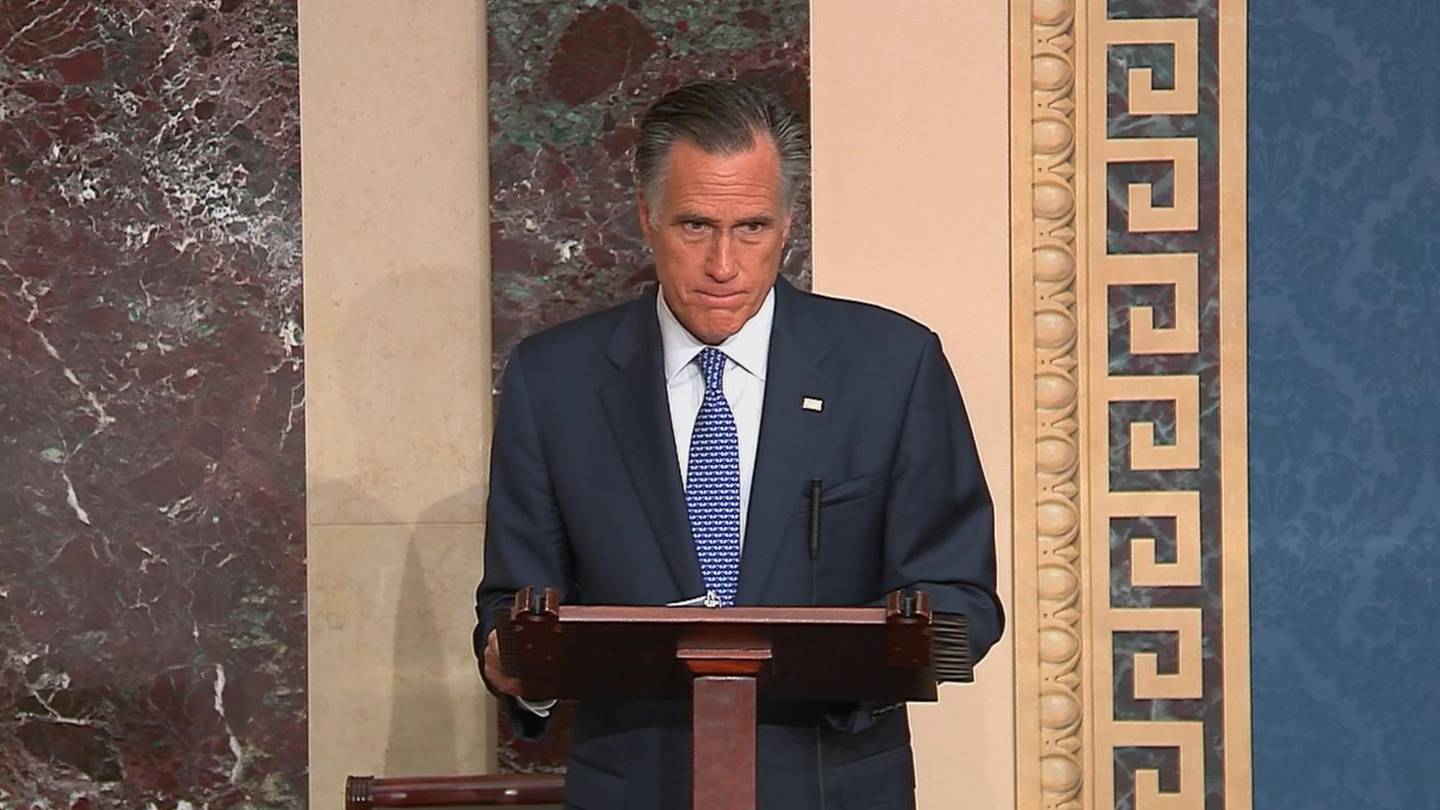 U.S. Senator Mitt Romney announces his intention to vote to convict U.S. president Donald Trump for abuse of power during Senate debate ahead of  the resumption and final vote in the Trump impeachment trial in this frame grab from video shot in the Senate Chamber at the U.S. Capitol in Washington, U.S., February 5, 2020. U.S. Senate TV/Handout via Reuters