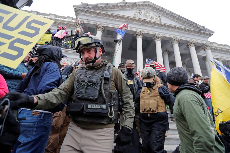 Members of the Oath Keepers are seen among supporters of U.S. President Donald Trump at the U.S. Capitol during a protest against the certification of the 2020 U.S. presidential election results by the U.S. Congress, in Washington, U.S., January 6, 2021. REUTERS/Jim Bourg