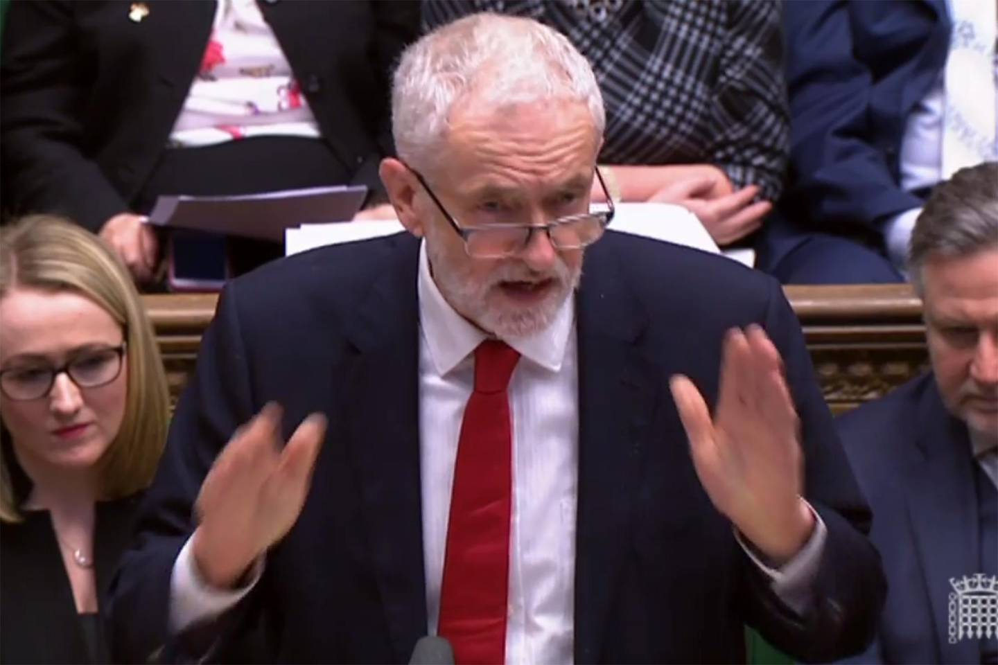 A video grab from footage broadcast by the UK Parliament's Parliamentary Recording Unit (PRU) shows opposition leader Jeremy Corbyn replying to a statement given by Britain's Prime Minister Theresa May on Brexit in the House of Commons in London on February 12, 2019. - May updated parliament on her latest meetings in Brussels and Dublin aimed at securing a divorce agreement with the EU, with Britain due to leave the bloc on March 29. (Photo by HO / PRU / AFP) / RESTRICTED TO EDITORIAL USE - MANDATORY CREDIT " AFP PHOTO / PRU " - NO USE FOR ENTERTAINMENT, SATIRICAL, MARKETING OR ADVERTISING CAMPAIGNS
