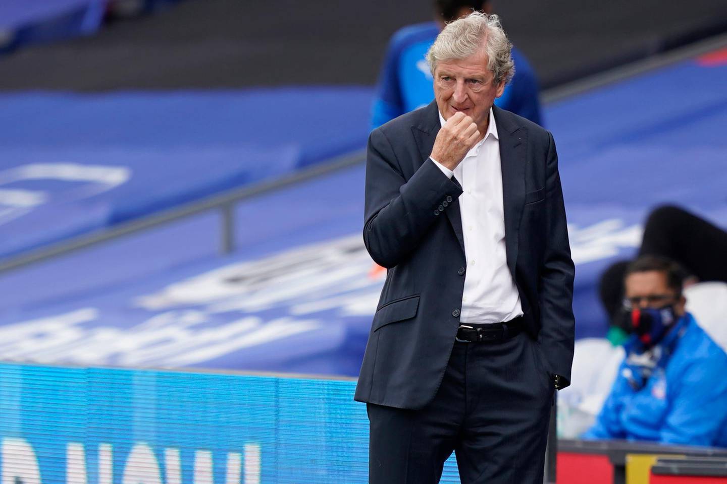 Crystal Palace's manager Roy Hodgson reacts during the English Premier League soccer match between Crystal Palace and Tottenham at the Selhurst Park stadium in London, Sunday, July 26, 2020. (Will Oliver/Pool via AP)