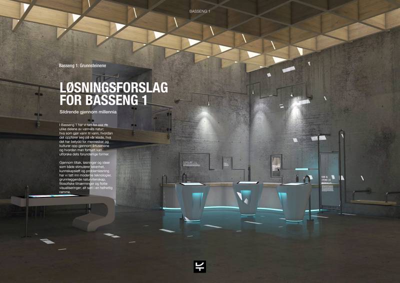 Trebjekter, glasstak og utstillinger skal gi liv i betongbassengene på Våland. Illustrasjon: Doublethink AS