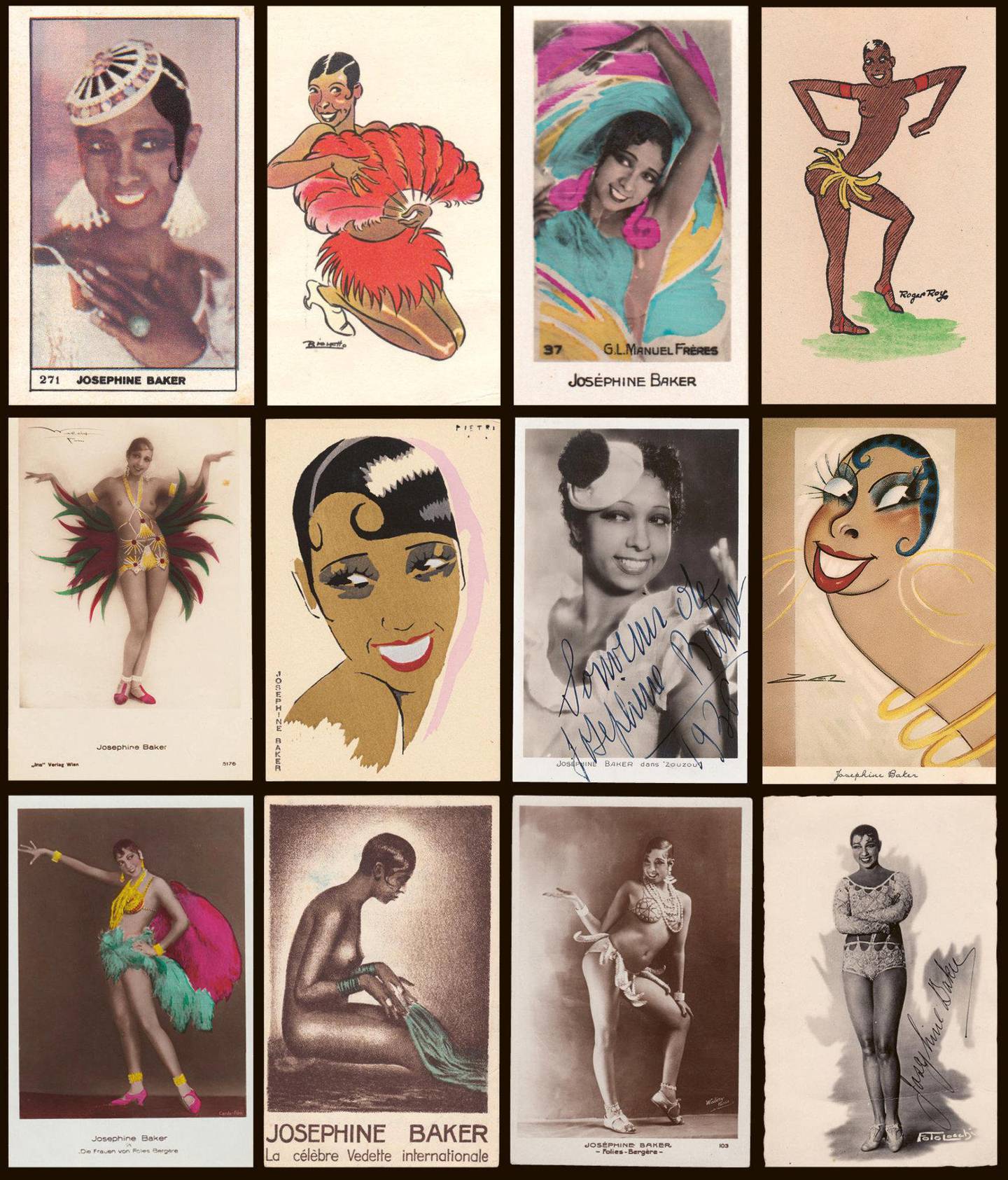 Et utvalg av postkort av Josephine Baker fra mellomkrigstiden, som viser hennes utbredelse i populærkulturen . ILLUSTRASJON: FRA BOKA «CHARLESTON I GRUKKEDALEN»