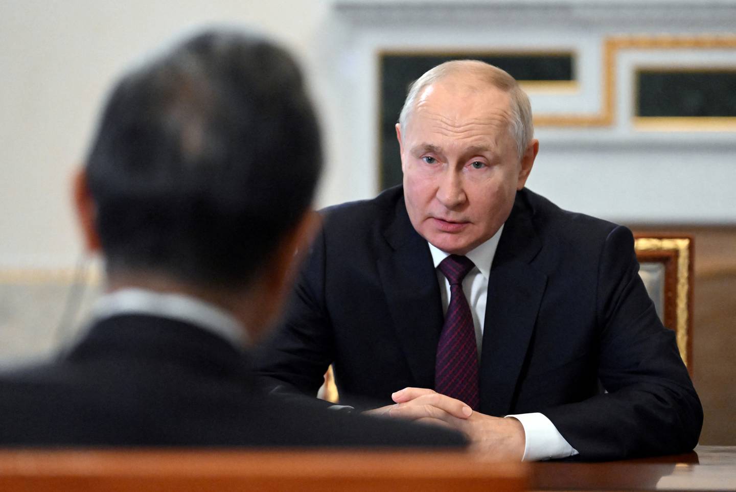 Russian President Vladimir Putin attends a meeting with Chinese Foreign Minister Wang Yi in Saint Petersburg, Russia, September 20, 2023. Sputnik/Kristina Kormilitsyna/Pool via REUTERS ATTENTION EDITORS - THIS IMAGE WAS PROVIDED BY A THIRD PARTY.