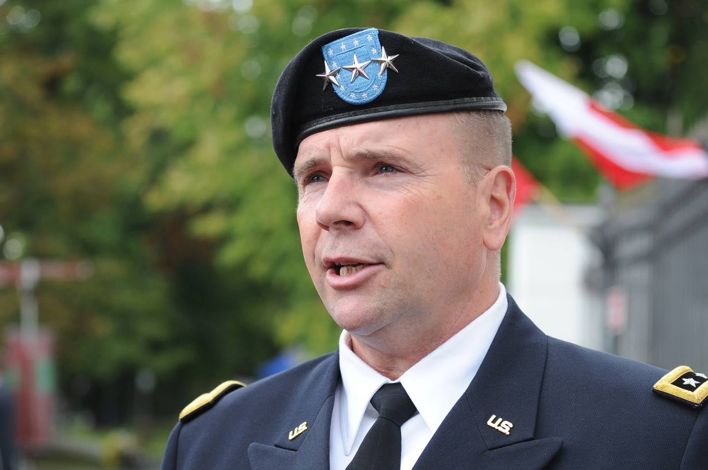 Lt. Gen. Ben Hodges, the U.S. Army commander in Europe, speaks to the press after the Polish Army Day military parade in Warsaw, Poland, Monday, Aug. 15, 2016. Hodges said the U.S. participation in Poland's armed forces national holiday underlines the increased presence that the U.S. plans in Poland and elsewhere in the region. (AP Photo/Alik Keplicz)
