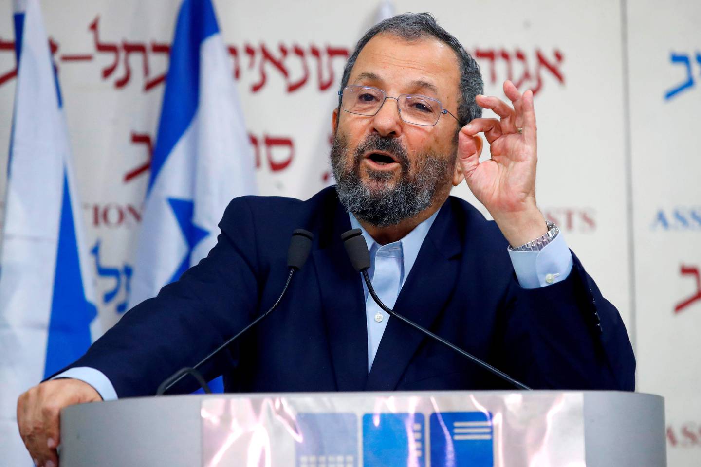 Former Israeli Prime Minister Ehud Barak holds a press conference at Beit Sokolov in Tel Aviv on June 26, 2019 to announce that he will be running in the upcoming elections in September. (Photo by JACK GUEZ / AFP)