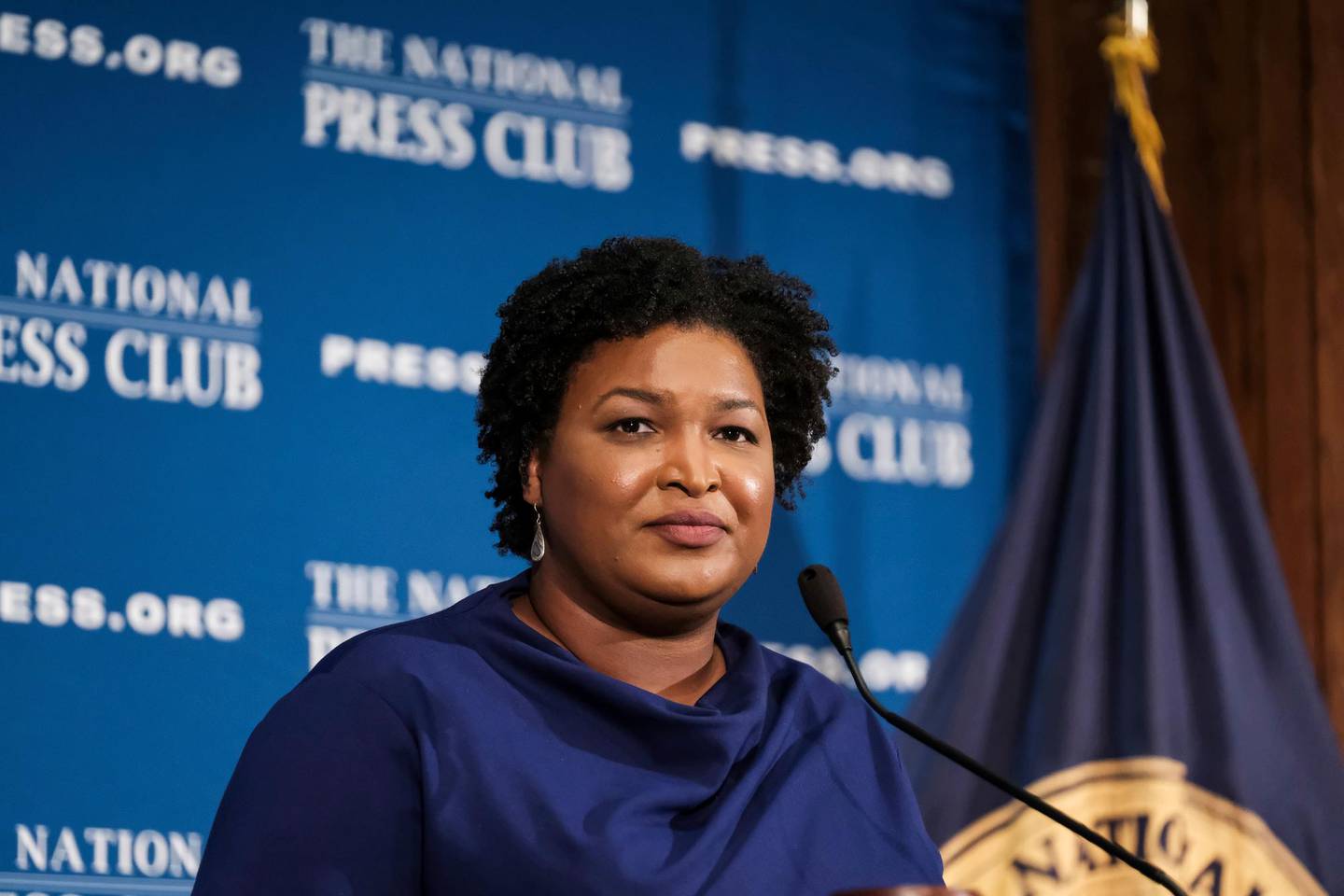 FILE - In this Nov. 15, 2019, file photo former Georgia House Democratic Leader Stacey Abrams, speaks at the National Press Club in Washington. Presumptive Democratic presidential nominee Joe Biden has already narrowed the field by saying he will pick a woman. In addition to Sen. Kamala Harris, Sen. Amy Klobuchar and Michigan Gov. Gretchen Whitmer, other names that have been part of the speculation are Sen. Elizabeth Warren of Massachusetts and Abrams. (AP Photo/Michael A. McCoy, File)