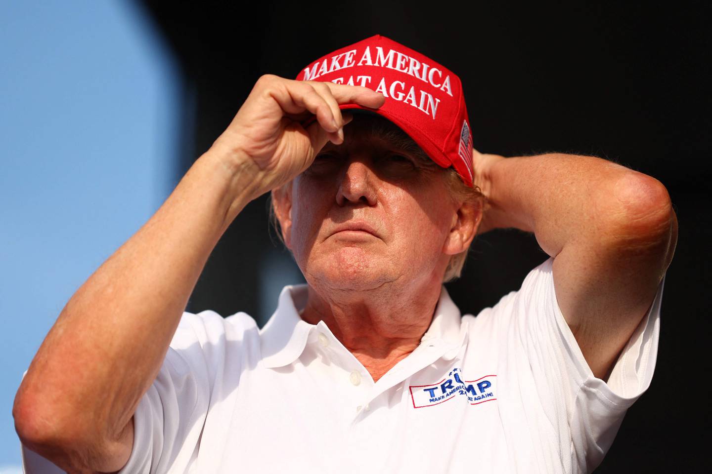 DORAL, FLORIDA - APRIL 07: Former U.S. President Donald Trump looks on at the 18th green during day three of the LIV Golf Invitational - Miami at Trump National Doral Miami on April 07, 2024 in Doral, Florida.   Megan Briggs/Getty Images/AFP (Photo by Megan Briggs / GETTY IMAGES NORTH AMERICA / Getty Images via AFP)
