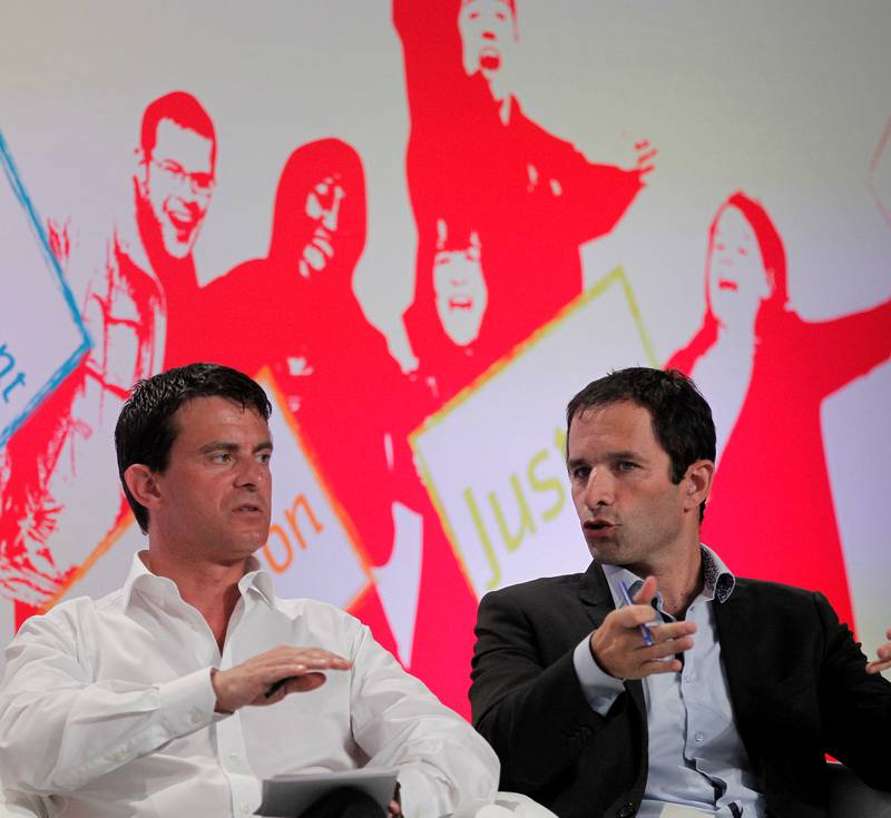 Presidentkandidatene Manuel Valls (t.v.) og Benoit Hamon er uenige om borgerlønn. 