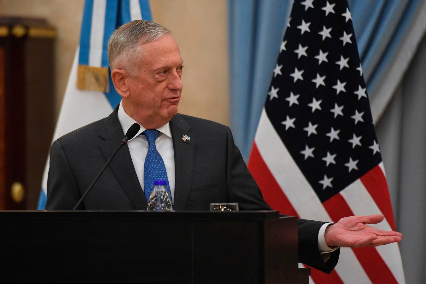 US Defence Secretary Jim Mattis speaks during a press conference offered along with Argentina's Defence Minister Oscar Aguad at the Defence Ministry in Buenos Aires, on August 15, 2018. (Photo by Eitan ABRAMOVICH / AFP)