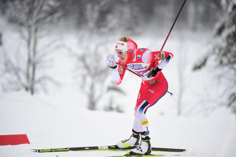 Therese Johaug of Norway competes during women's cross country skiing freestyle 10 km pursuit competition at the FIS World Cup Ruka Nordic event in Kuusamo, Finland, on Sunday Nov. 29, 2020. (Vesa Moilanen / Lehtikuva via AP)