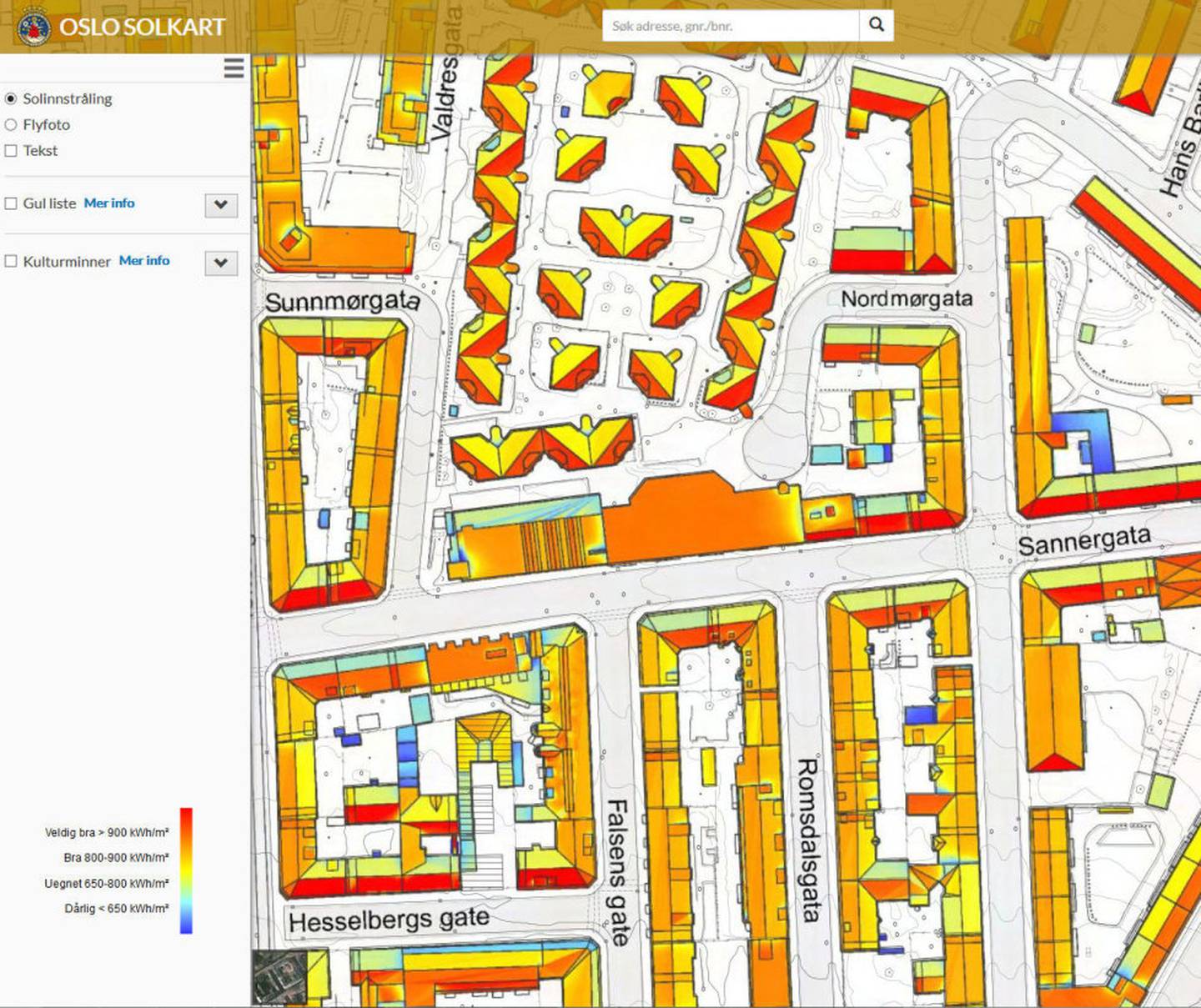 SOLKART: Kommunen har fått laget et kart hvor du kan se hvor mye du har å hente på å bygge solpanel på taket ditt. Du finner det her: http://od2.pbe.oslo.kommune.no/solkart/
