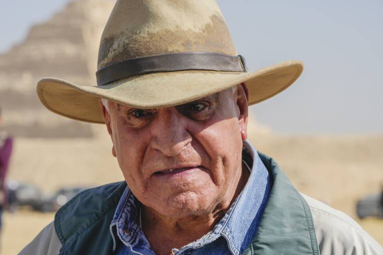 Egyptian archaeologist Zahi Hawass, the director of the Egyptian excavation team, speaks during a press conference at the site of the Step Pyramid of Djoser in Saqqara, 24 kilometers (15 miles) southwest of Cairo, Egypt, Thursday, Jan. 26, 2023. Hawass announced that the expedition found a group of Old Kingdom tombs dating to the fifth and sixth dynasties of the Old Kingdom, indicating that the site comprised a large cemetery. (AP Photo/Amr Nabil)