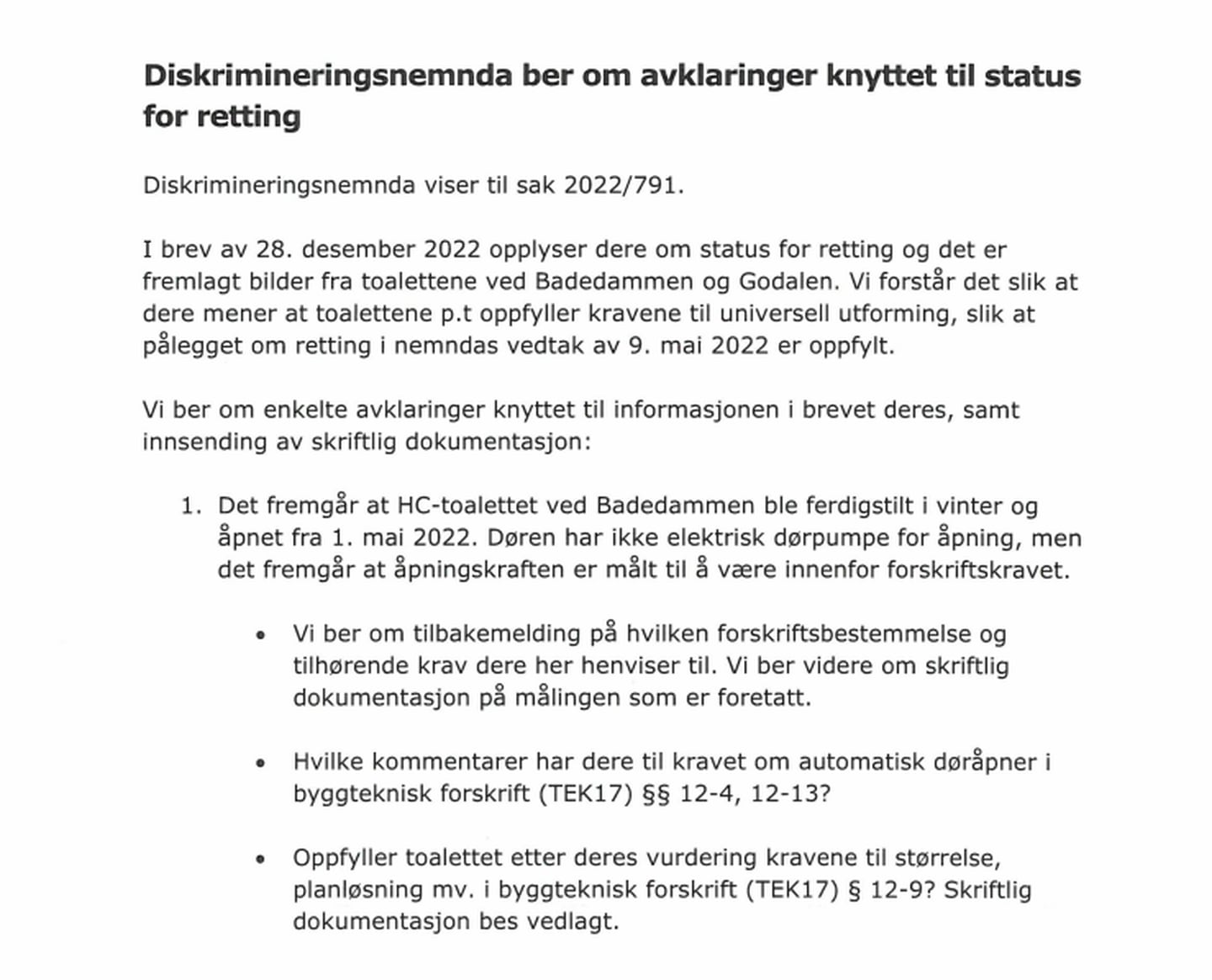 Skjermdump brev fra Diskrimineringsnemda til Stavanger kommune 10. januar 2023.