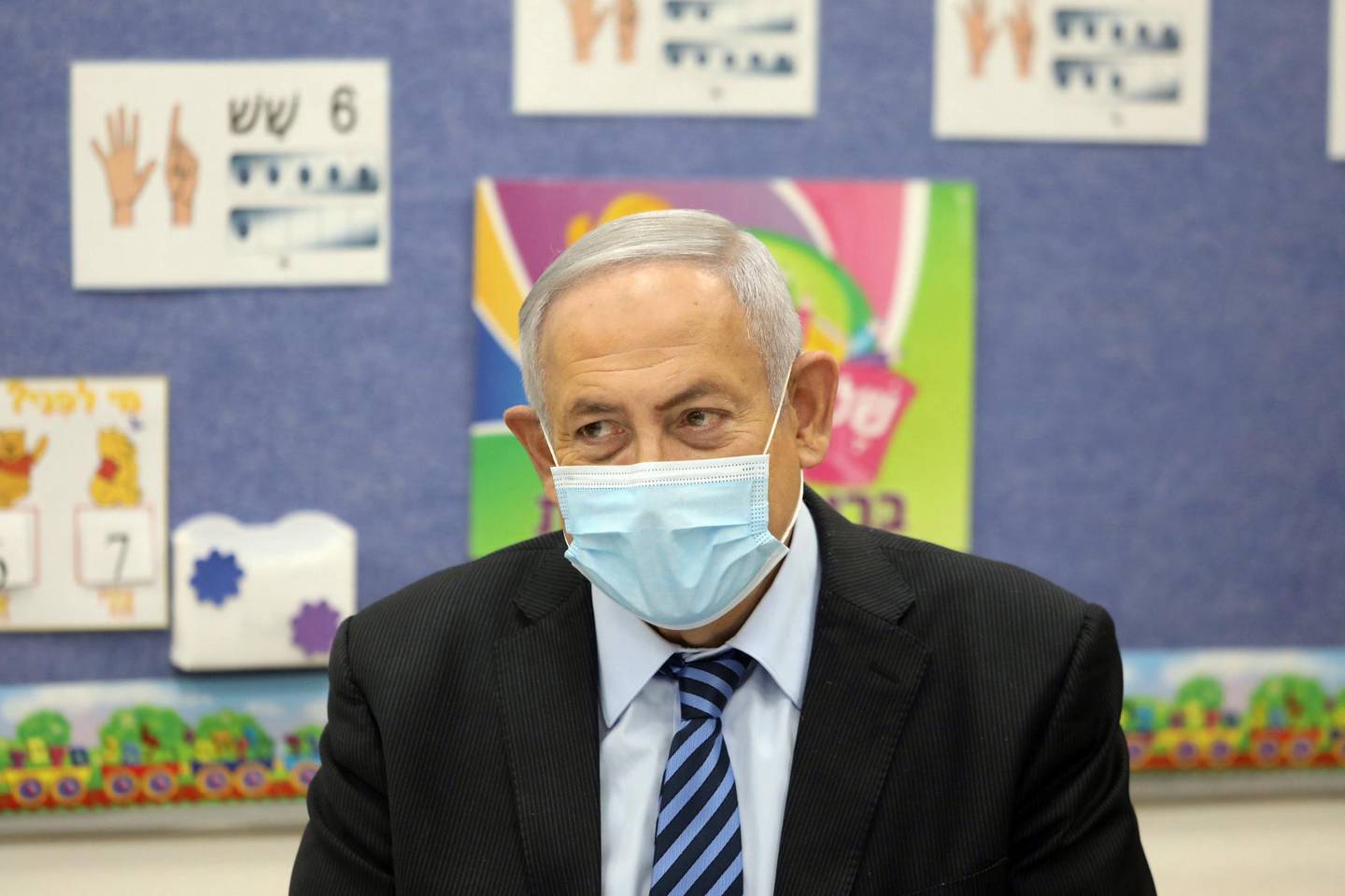 Israeli Prime Minister Benjamin Netanyahu attends a ceremony to mark the start of the school year, at the Netaim School in the West Bank settlement of Mevo Horon, September 1, 2020. Marc Israel Sellem/Pool via REUTERS