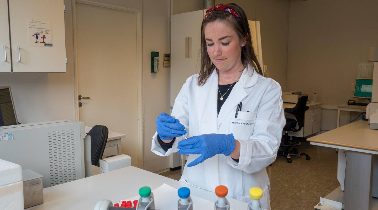 Viktige prøver: Bioingeniør Caroline Sandstå er blant dem som analyserer prøver ved NMBU Veterinærhøgskolen.