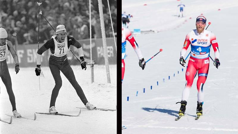 Til høyre: Oddvar Brå går inn til seier på 15 kilometer klassisk under VM i Oslo i 1982. Det er Norges siste VM-gull på øvelsen. Til venstre: Martin Johnsrud Sundby går inn til tredjeplass på 30-kilometeren i VM i Seefeld sist lørdag. 