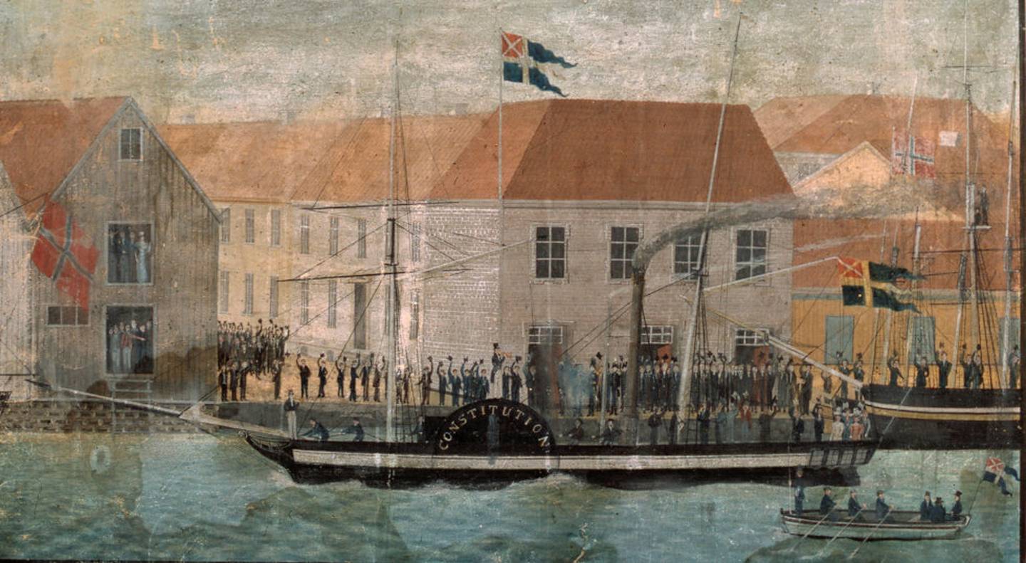 CONSTITUTIONEN VED TOLLBUBRYGGA: Dampskipet som tente gnisten til Torgslaget. Gouache av M.F. Dalager, 1829. FOTO: RUNE AAKVIK/OSLO MUSEUM