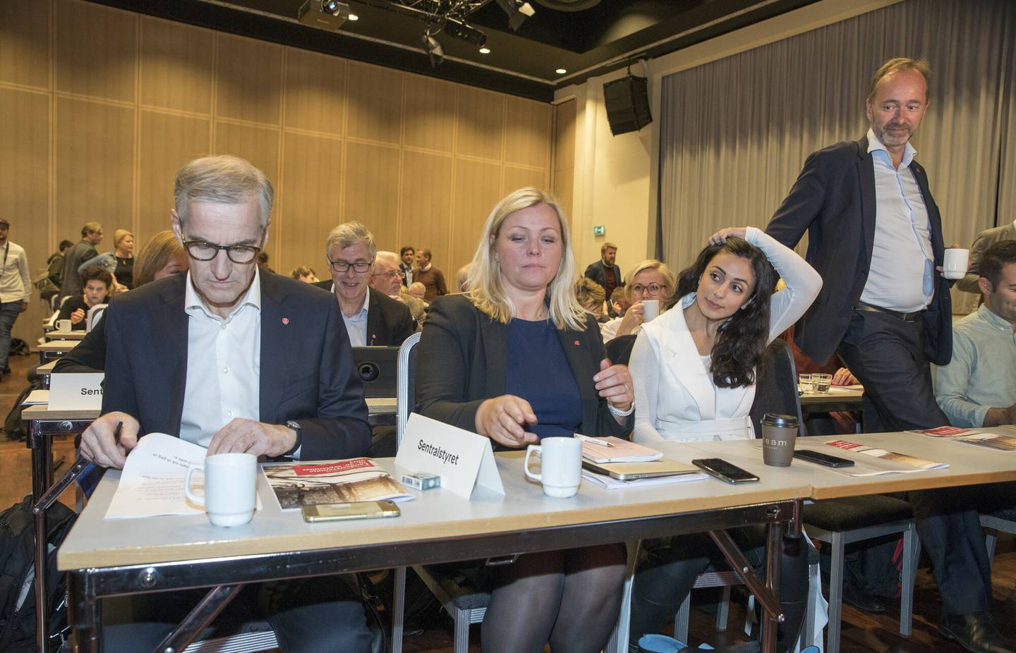 Landsstyremøtet i Arbeiderpartiet i 2017. Fra venstre: Jonas Gahr Støre, Kjersti Stenseng, Hadia Tajik og Trond Giske.