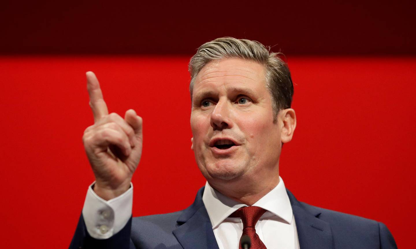 Britain's Shadow Brexit Secretary Keir Starmer speaks on stage during the Labour Party Conference at the Brighton Centre in Brighton, England, Monday, Sept. 23, 2019. (AP Photo/Kirsty Wigglesworth)
