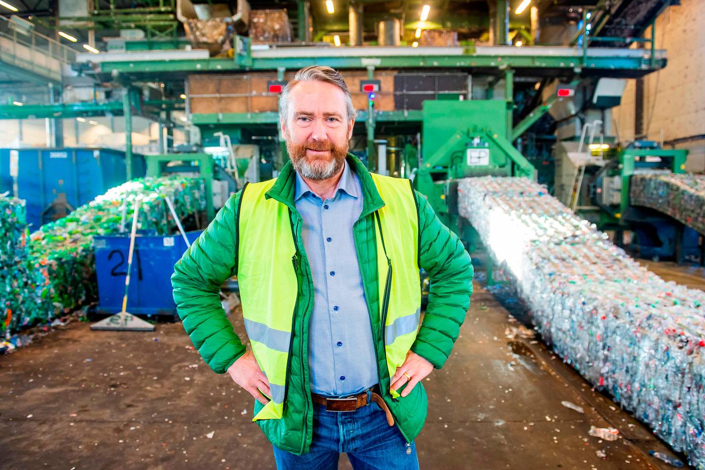 Kjell Olav Maldum, Managing director at the company Infinitum poses for a photo at the plant in Fetsund, southeastern Norway, on January 21, 2020. - With its 97 percent recycling rate, Norway is 10 years ahead of the EU's 2029 target date, by when countries must recycle at least 90 percent of their plastic bottles. (Photo by Fredrik Varfjell / AFP)