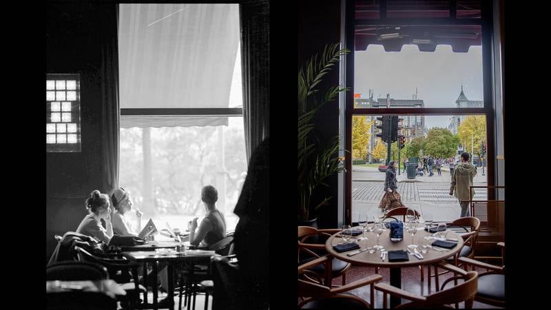 1968 og 2016: Folk har i alle år elsket å sitte på Grand Café og studere gatelivet. «Det er som en levende kinematograf», erklærte den nordnorske maleren Thorolf Holmboe. 