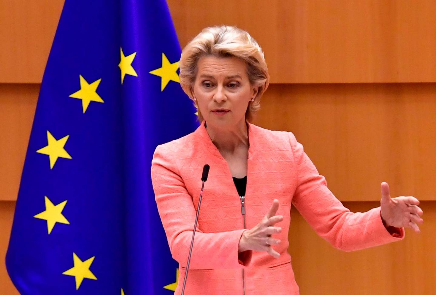 The President of the European Commission Ursula Von der Leyen addresses her first state of the union speech during a plenary session at the European Union Parliament in Brussels on September 16, 2020. (Photo by JOHN THYS / AFP)