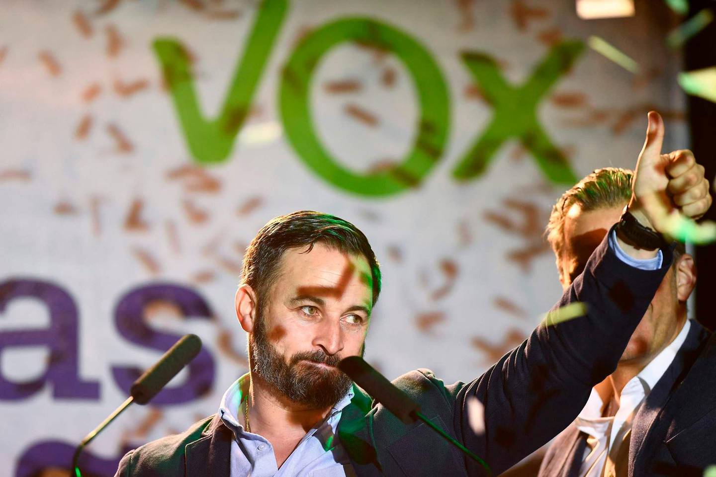Spanish far-right VOX party leader and candidate for prime minister Santiago Abascal delivers a speech during an election night rally in Madrid after Spain held general elections on April 28, 2019. - Spain's socialists won snap elections but without the necessary majority to govern in a fragmented political landscape marked by the far-right's dramatic eruption in parliament. (Photo by OSCAR DEL POZO / AFP)