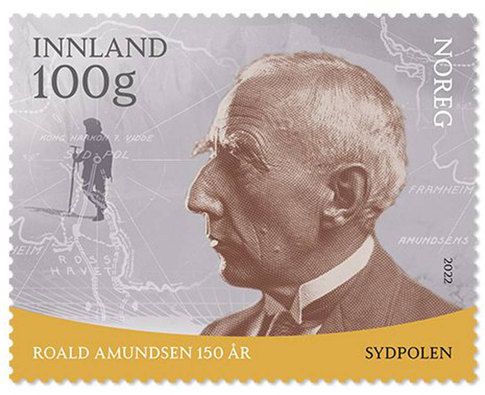Posten har lansert frimerker for å markere at det i år er 150 år siden polfarer Roald Amundsen ble født.
Foto: Posten / NTB