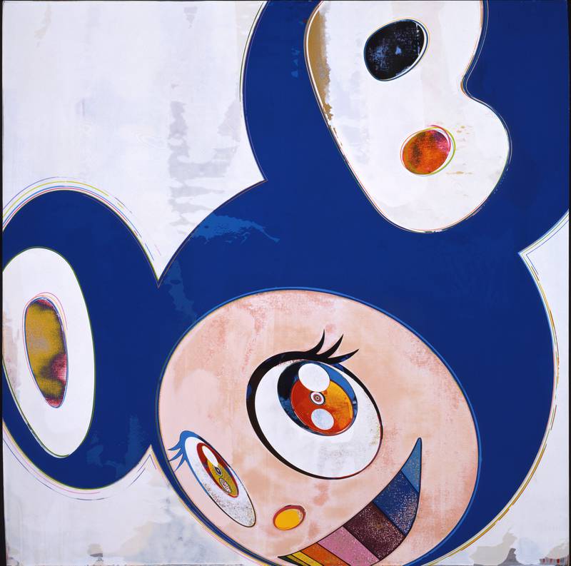 Mr Dob-figuren er sentral i Murakamis kunstneriske og kommersielle univers. Maleriet «And then, and then, and then, and then/Original Blue» er fra 2006. FOTO: ©2006 TAKASHI MURAKAMI/ KAIKAI KIKI CO., LTD.