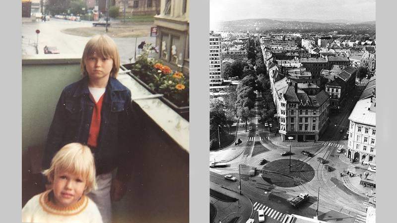 SOLLI PLASS: Øyvind og jeg på verandaen omtrent 1982. Bak oss ser du Solli plass og telefonkiosken. Til venstre: Solli plass slik det så ut inntil slutten av 80-tallet. Bildet er fra 1970.
