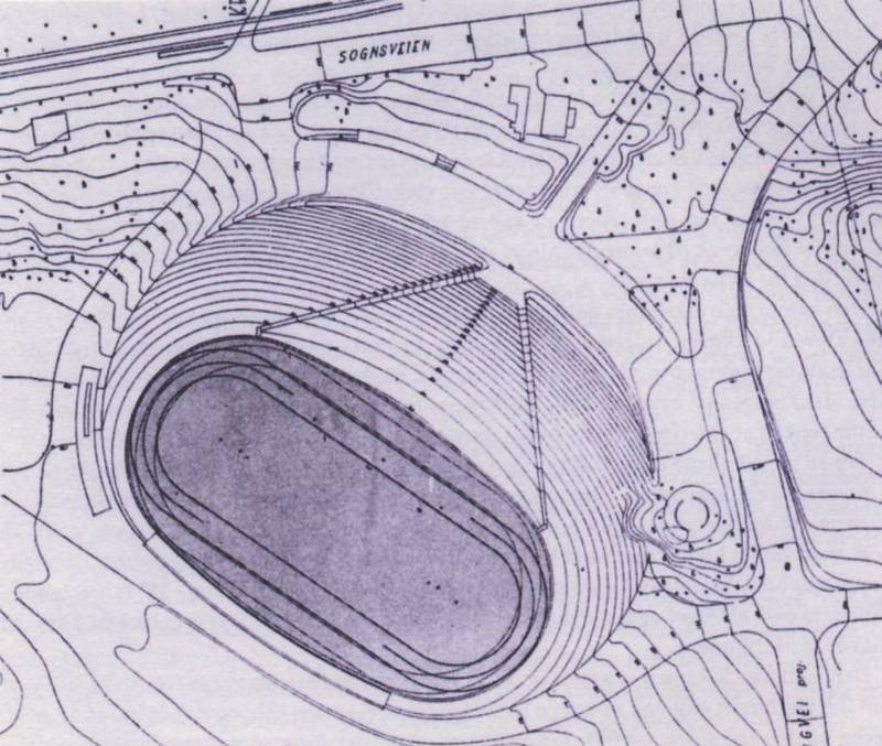 Frode Rinnan drømte om et storslagent Sogn stadion. Illustrasjon fra boka/Byggekunst