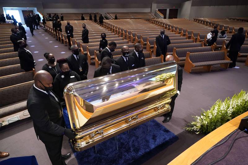 HOUSTON, TEXAS - JUNE 09: The casket bearing the remains of George Floyd is placed in the chapel for his funeral service at the Fountain of Praise church June 9, 2020 in Houston, Texas. Floyd died May 25 while in Minneapolis police custody, sparking nationwide protests.   David J. Phillip-Pool/Getty Images/AFP
== FOR NEWSPAPERS, INTERNET, TELCOS & TELEVISION USE ONLY ==
