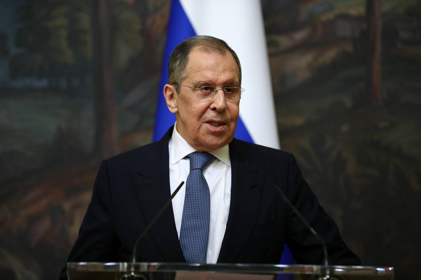 Russian Foreign Minister Sergei Lavrov speaks during a joint news conference with Italian Foreign Minister Luigi Di Maio (not pictured) in Moscow, Russia October 14, 2020. Russian Foreign Ministry/Handout via REUTERS ATTENTION EDITORS - THIS IMAGE WAS PROVIDED BY A THIRD PARTY. NO RESALES. NO ARCHIVES. MANDATORY CREDIT.
