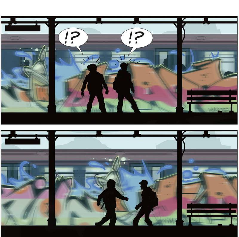 De to mannlige hovedpersonene overraskes av graffitivenners bokstavelig talt store verk på et av Oslos T-banetog, i Mikael Noguchis effektfulle tegneseriekunst. «Drabant 3» er ute nå.