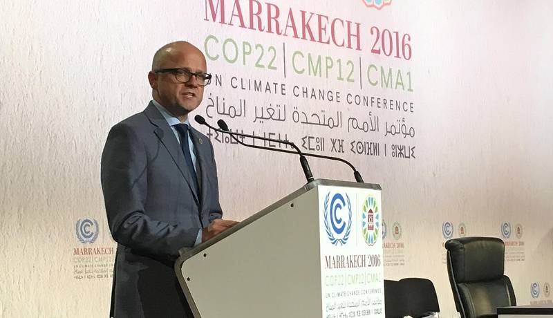 Dette har vært Vidar Helgesens første klimatoppmøte. Her på talerstolen i Marrakech.