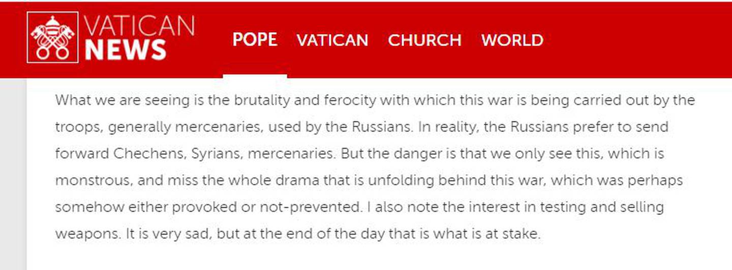 Uttalelser fra pave Frans om krigen i Ukraina, gjengitt på Vatikanets nettsted Vatican News