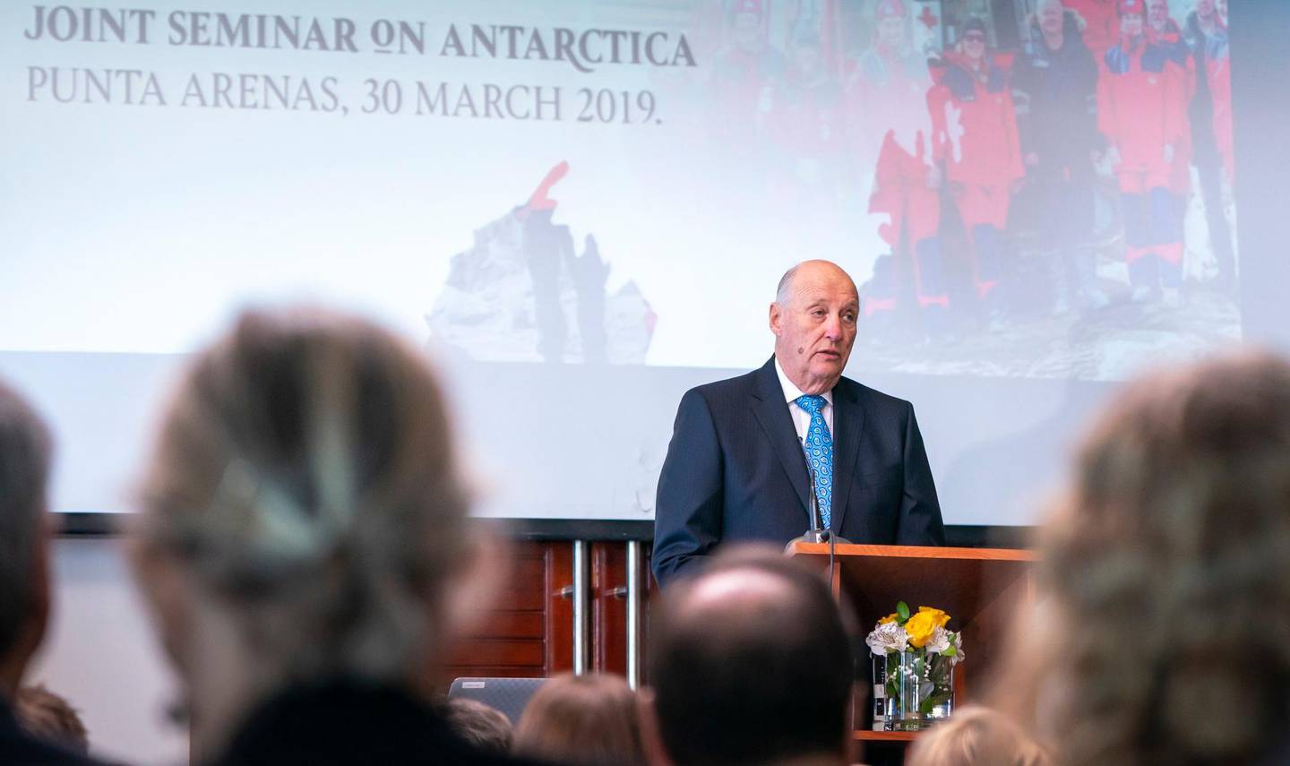 Punta Arenas, Chile 20190330.
Kong Harald åpner et norsk-chilensk Antarktis-seminar i Punta Arenas. 
Foto: Heiko Junge / NTB scanpix