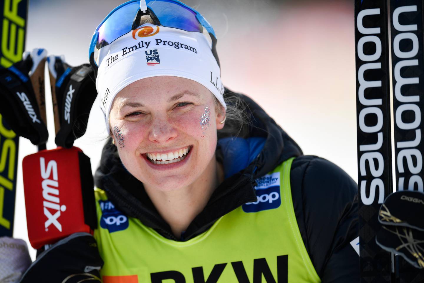 Jessica Diggins of the USA smiles after the women's 10km free style race at the Davos Nordic FIS Cross Country World Cup in Davos, Switzerland, Sunday, Dec. 15, 2019. (Gian Ehrenzeller/Keystone via AP)