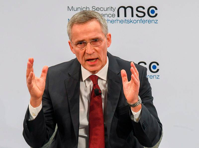 NATO Secretary General Jens Stoltenberg adresses the audience on the podium during the 56th Munich Security Conference (MSC) in Munich, southern Germany, on February 15, 2020. - The 2020 edition of the Munich Security Conference (MSC) takes place from February 14 to 16, 2020. (Photo by Christof STACHE / AFP)